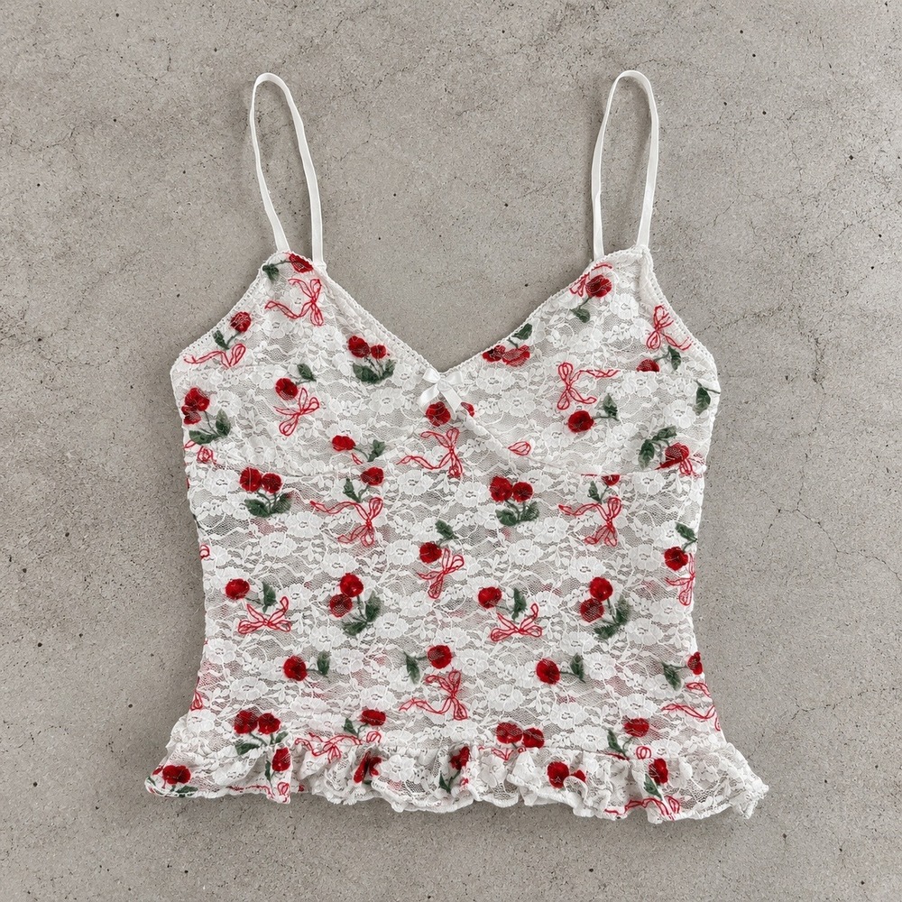 White Lace Cherry Print Cami Top Ruffle Hem Spaghetti Strap Coquette Dainty XS